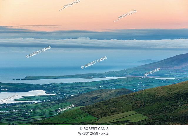 Dingle Bay at dawn from Conor Pass, Dingle Peninsula, County Kerry, Ireland
