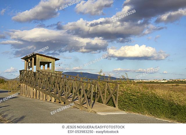 Bird observatory with walkway for the disabled in the Laguna de Fuente de Piedra in Malaga. Spain