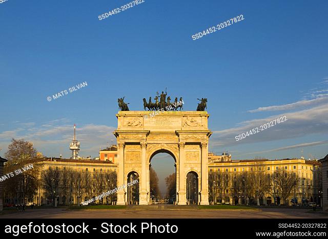 Peace Arch in Milan with Sunlight in Lombardy, Italy