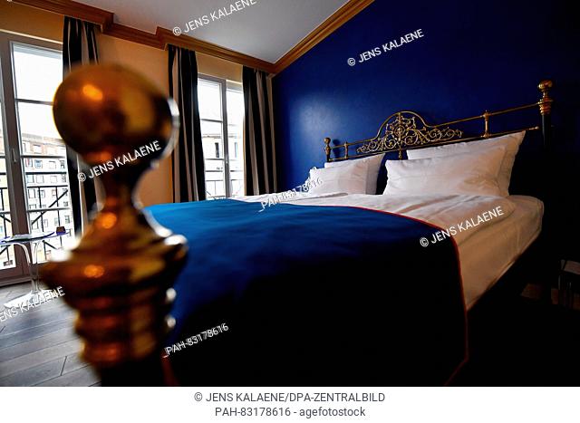 A bed in the private, owner-managed Berlin boutique- and design-hotel THE DUDE on Kopenicker Strasse 92 in Berlin, Germany, 14 July 2016