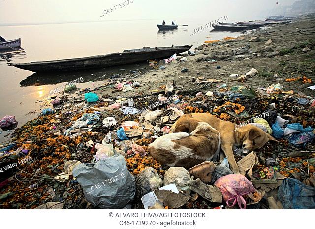 Pollution on the ghats  Varanasi, India, Ganges River