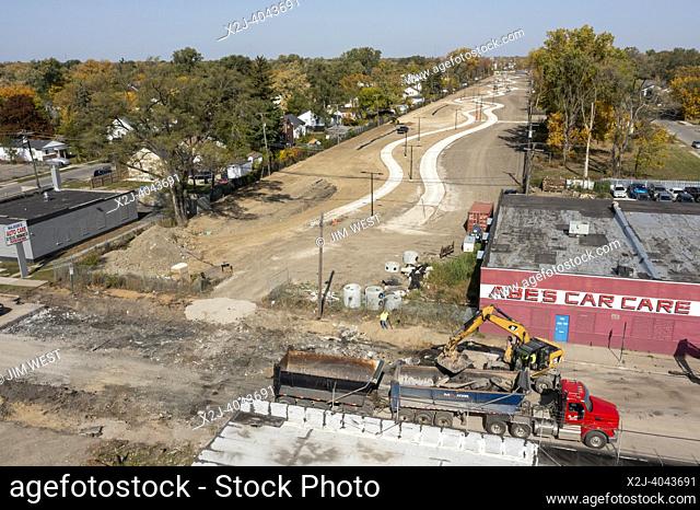 Detroit, Michigan USA - 14 October 2022 - Work continues on the Joe Louis Greenway, a 27. 5-mile bicycle/walking trail that will circle much of the city and...