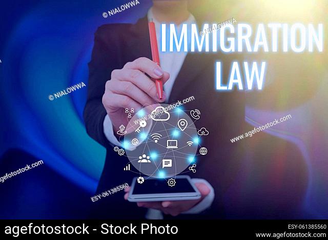 Sign displaying Immigration Law, Conceptual photo Emigration of a citizen shall be lawful in making of travel Lady Pressing Screen Of Mobile Phone Showing The...