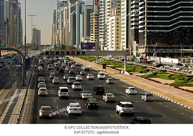 Heavy traffic on multi-lane Sheikh Zayed Road, Dubai, United Arab Emirates