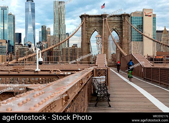 New York City / USA - JUN 20 2018: Brooklyn Bridge with building in Lower Manhattan at early morning in New York City
