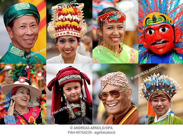 COMBO - the combinated picture shows colourful made up faces of participants costumed in traditional clothing during the 'parade of cultures' in Frankfurt/Main