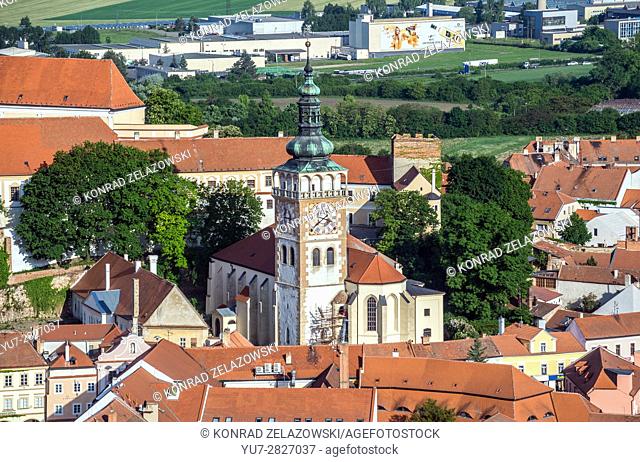 Clock and bell tower of Saint Wenceslas Church in Mikulov, Moravia, Czech Republic. View from Holy Hill