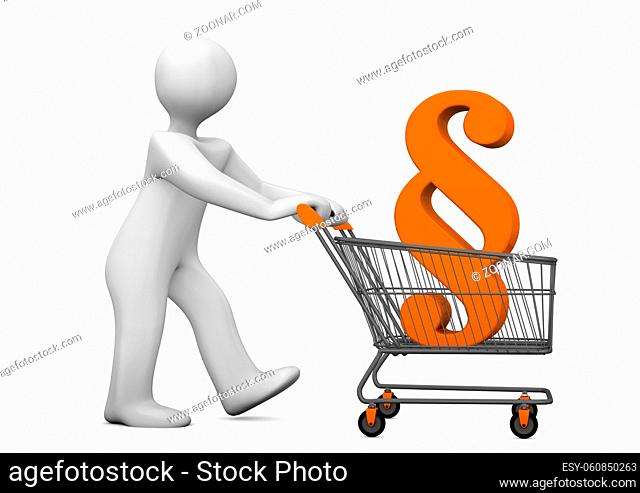 White cartoon character with shopping cart and orange paragraph. 3d illustration