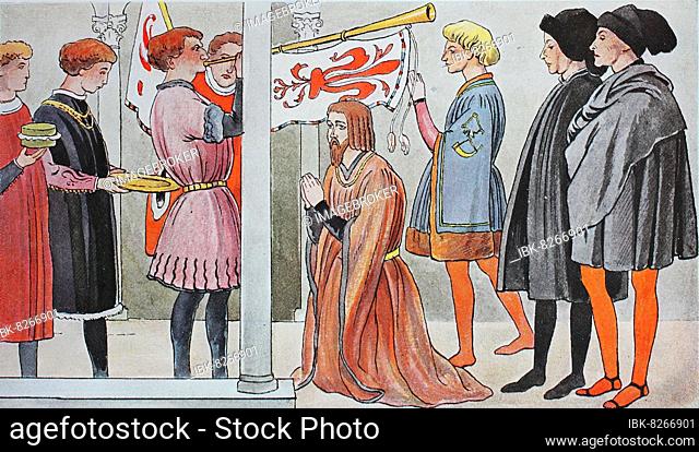 Kleidung, Mode in Italien, frühe Renaissance 1425-1480, Herolde und Könige, von links, vier Herolde, dann ein vornehmer Mann