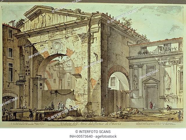 Archäologie, Rom, Stadtansicht, Kupferstich von Giovanni Battista Piranesi Ansicht des Porticus der Octavia Italien 1773, Kunst, historisch