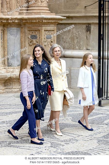 Queen Letizia, Queen Sofia, Princess Leonor and Princess Sofia of Spain leave at the La Seu Cathedral in Palma de Mallorca, on April 21, 2019