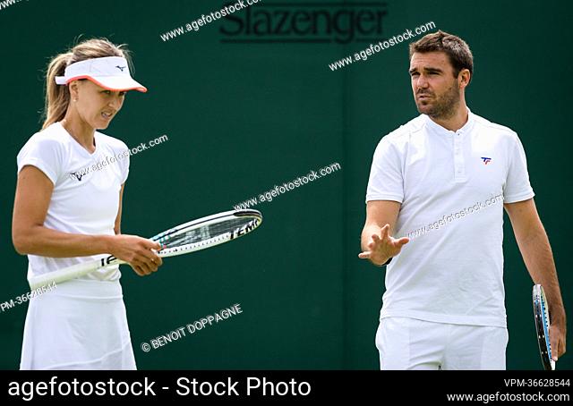 Belgian Maryna Zanevska and her coach Geoffroy Vereerstraeten pictured during a training session ahead of the 2022 Wimbledon grand slam tennis tournament at the...
