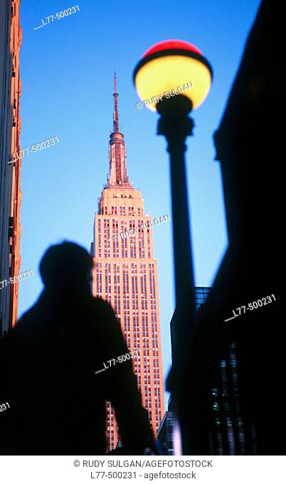 View of Empire State Building from subway exit, New York City. USA