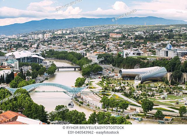 Tbilisi, Georgia. Summer Aerial View, Top Cityspape View Of Center. Famous New Modern Landmarks Justice House, Bridge Of Peace, Concert Hall, Rike Park