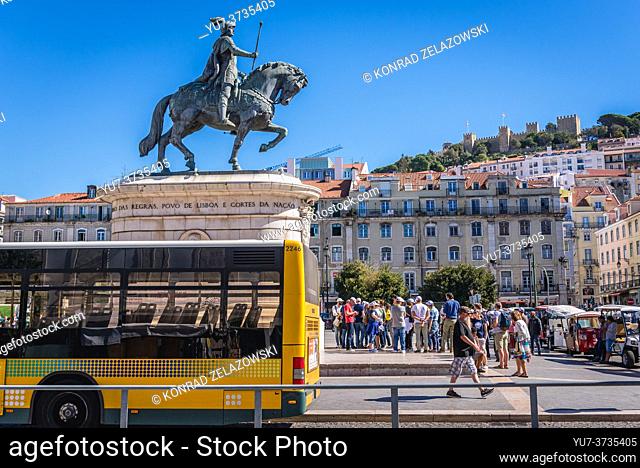 Equestrian statue of king John I of Portugal on a Praca da Figueira - Square of the Fig Tree in Baixa district of Lisbon, Portugal