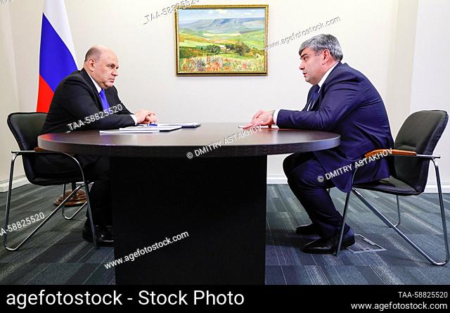 RUSSIA, MINERALNYE VODY - MAY 3, 2023: Russia's Prime Minister Mikhail Mishustin (L) and Kazbek Kokov, head of the Republic of Kabardino-Balkaria
