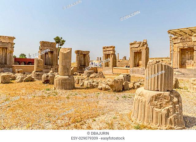 Ruins of old city Persepolis, a detail of a colum and Persian construction techniques in a capital of the Achaemenid Empire 550 - 330 BC