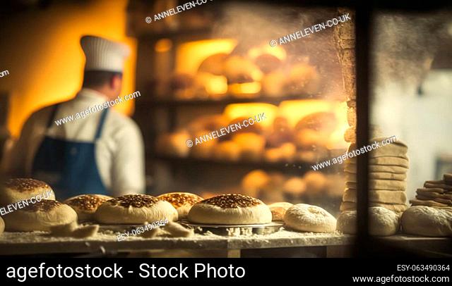 Baker baking fresh bread and pastry in the old town bakery in the morning, hot freshly baked products on shelves and the oven