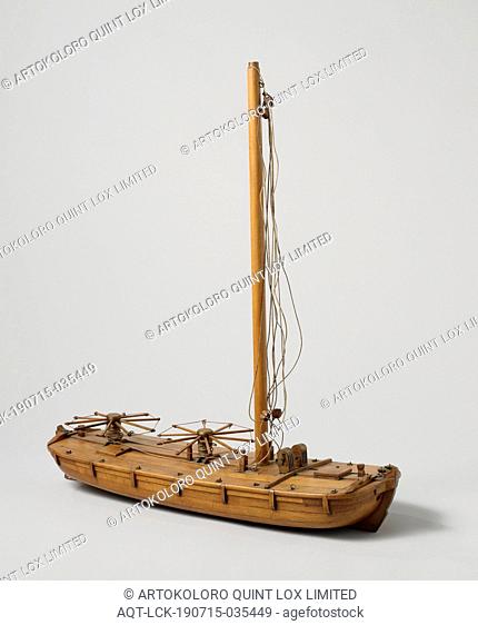 Model of a Careening Hulk, Partial truss and partial block model of a keel lighter. It is a smooth-bore vessel with one deck and almost flat but keeled bottom