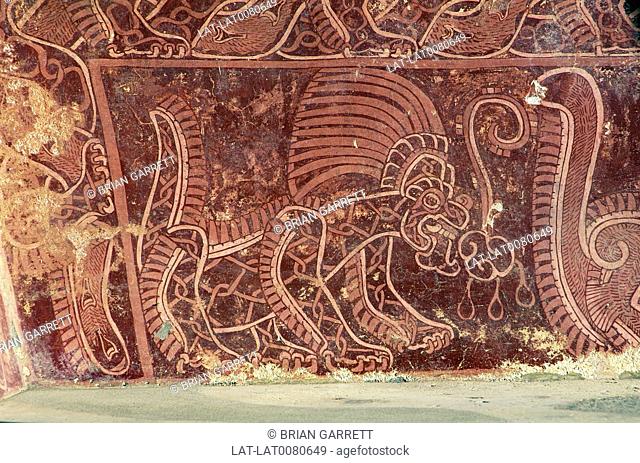 Palacio de Tetitla. Palace. Wall mural. Brown colour. Jaguar god. Headdress. Serpent