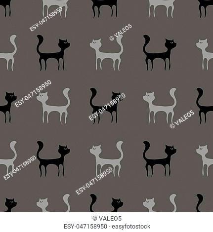Black Grey Cats Seamless Pattern. Animal Pets Silhouettes Background