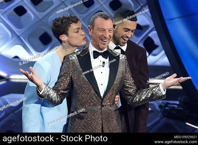 Italian television host Amadeus with singers Blanco and Mahmood at 72 Sanremo Music Festival. Fourth evening. Gai Mattiolo, The Attico and Fendi clothes