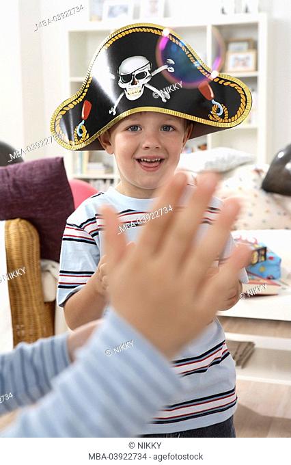 children's birthday party, boy, pirate hat, bubbles