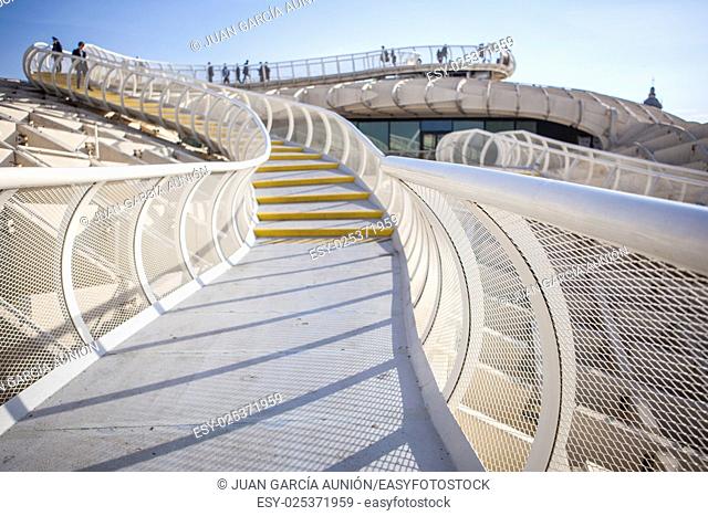 Roof footbridge for pedestrians at Metropol Parasol. It provides a unique view of the old city center and the cathedral