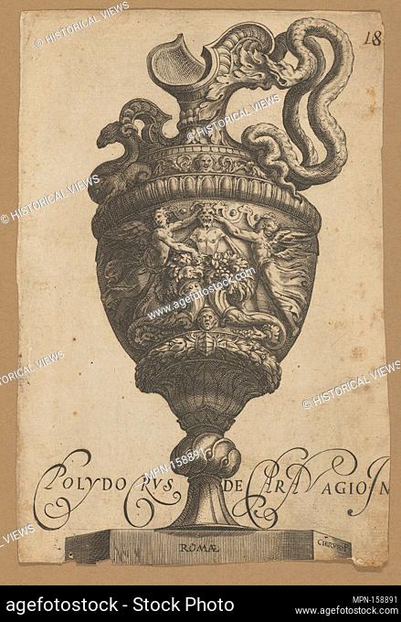 Vase with a monster at center, two cornucopias, and two flanking winged female figures. Artist: Cherubino Alberti (Zaccaria Mattia) (Italian