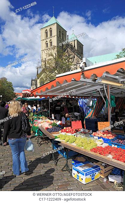 Germany, Muenster, Westphalia, Muensterland, North Rhine-Westphalia, weekly market on the Cathedral Square, booths, Saint Paul Cathedral, catholic church