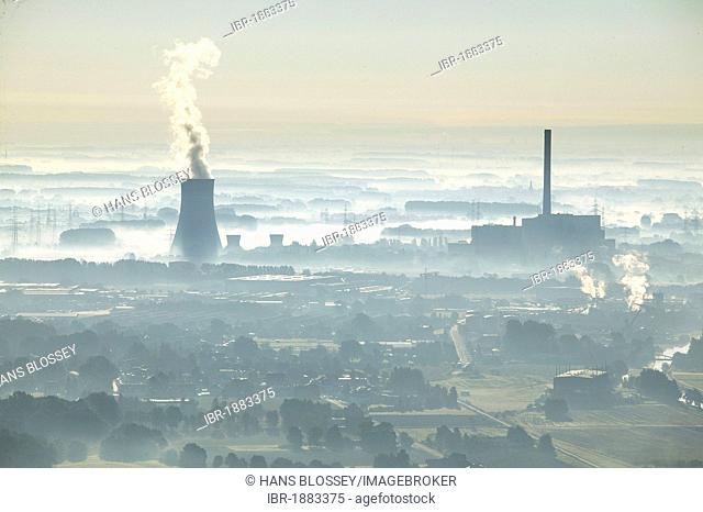 Aerial view, former THTR-300 Nuclear Power Plant, today Westfalen coal power station under construction, safe enclosure, Hamm, North Rhine-Westphalia, Germany