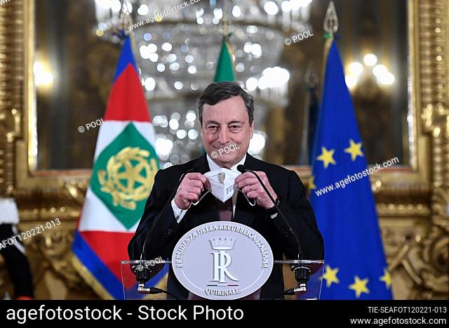 Italian Prime Minister-designate Mario Draghi addresses the media to announce his list of ministers after the meeting with Italian President Sergio Mattarella...