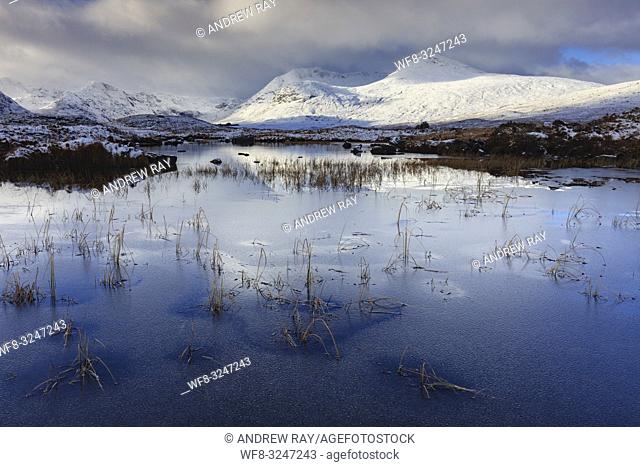 An ice covered River Ba on the southern edge of Rannoch Moor in the Scottish Highlands, captured on a bitterly cold morning in early November following the...