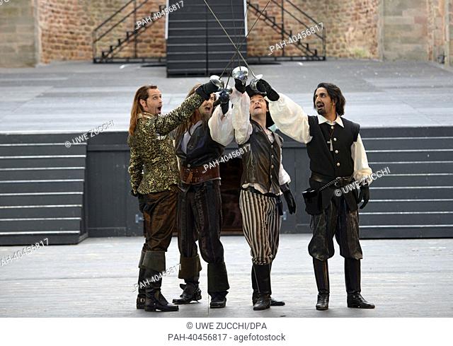 The musketeers Athos (L-R, Julia Weigend), Porthos (Jhonny Mueller), D`Artagnan (Jonas Minthe) and Aramis (Parbeth Chugh) act on stage during a photo rehearsal...