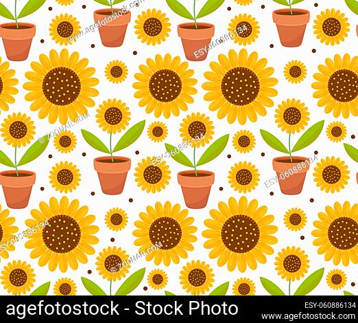 Summer seamless pattern with yellow sunflower flowers. Village endless background, repeating texture. illustration