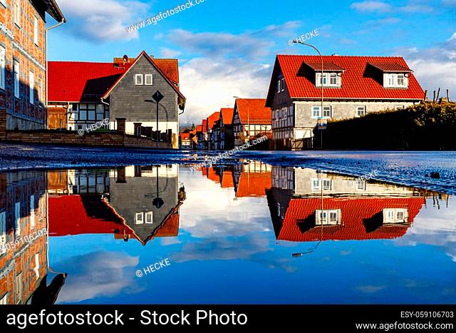 Reflection of houses at Herleshausen in Hesse Germany