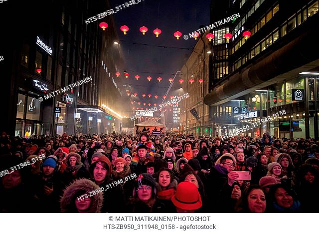 (180216) -- HELSINKI, Feb. 16, 2018 () -- Thousands of audience gather to watch a performance on the temple fair in Helsinki, Finland, Feb. 15, 2018