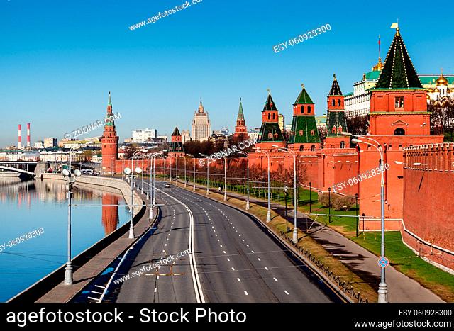 View on Moscow Kremlin Wall and Moscow River Embankment, Russia