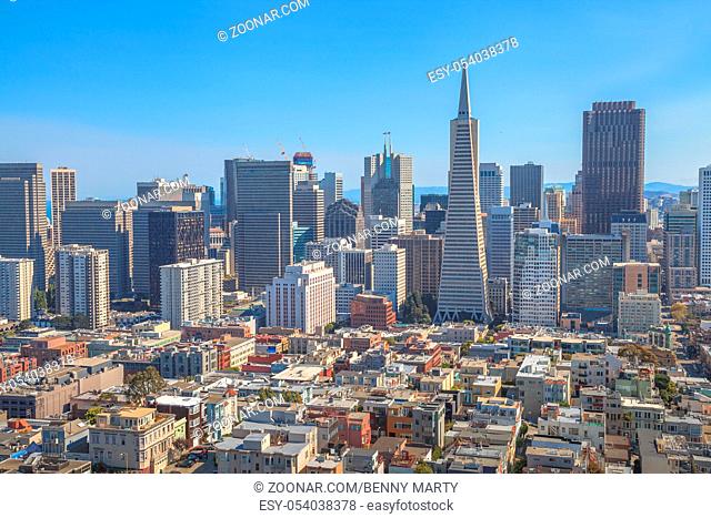 Aerial view of San Francisco skyline, Financial District and Transamerica Pyramid from the top of Coit Tower on sunny day, California, United States
