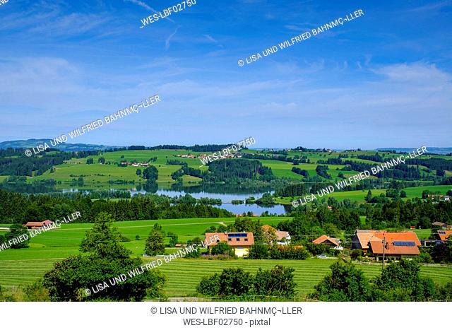 Germany, Bavaria, Mittelberg, Countryside village and Rottachsee reservoir