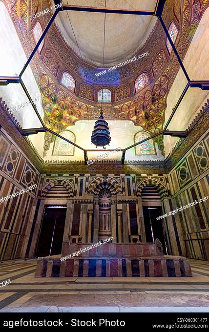 Front view of Mausoleum of Sultan Al Zahir Barquq at the Barquq complex located at al Moez Street, Islamic Cairo, Egypt