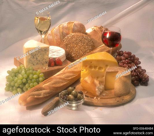 Cheese, Bread, Wine, Fruit and Olive Still Life