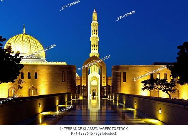 The Grand Mosque illuminated at night in Muscat, Oman
