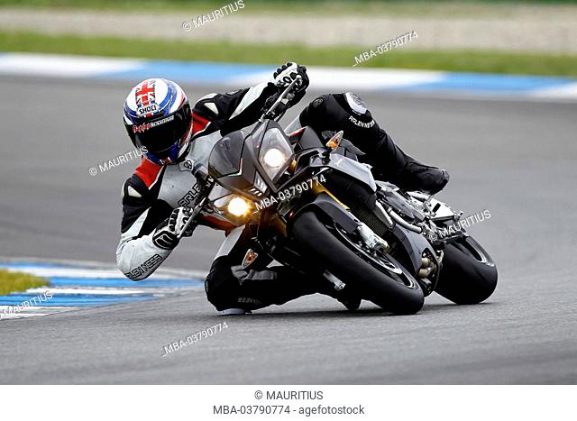 Motorcycle, Aprilia V 4 Tuono, year of construction in 2012, naked bike, race course, extreme sloping situation