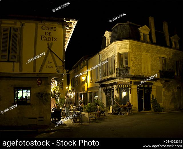 Cafe de Paris at night, Eymet, Dordogne Department, Nouvelle-Aquitaine, france