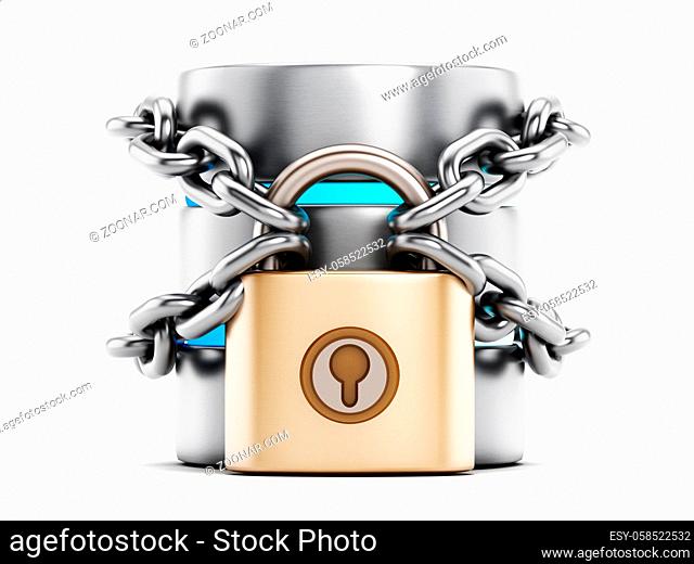 Network security concept, a padlock chained to the data storage server