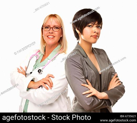 Attractive young multiethnic woman with female doctor or nurse isolated on a white background
