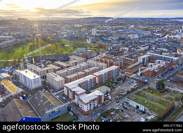 Aerial view of new apartment buildings and skyline of Edinburgh in Leith, Midlothian, Scotland, UK