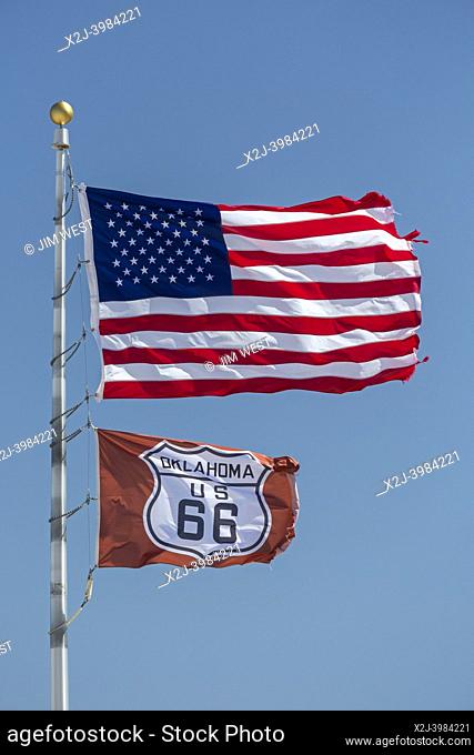 Elk City, Oklahoma - Flags on historic U. S. Route 66. Established in 1926, Route 66 ran from Chicago to Los Angeles. It was later replaced by Interstate...