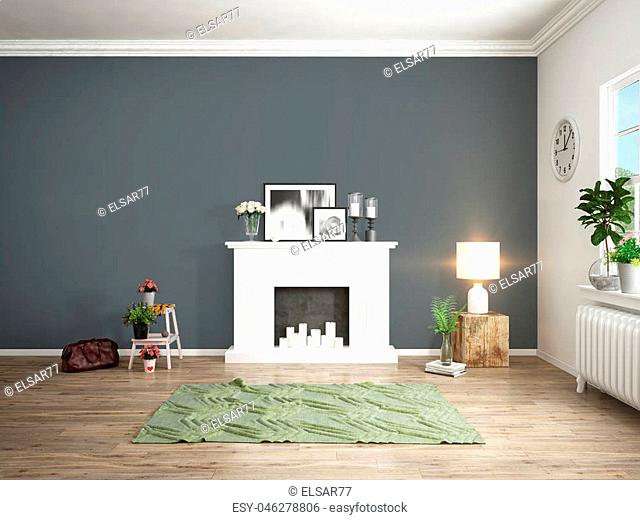 Bright interior with fireplace in a modern style . 3D rendering